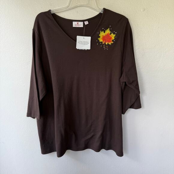 NEW! Quacker Factory Brown Size 3X leaf V Neck pullover knit top size 3X - Picture 2 of 10